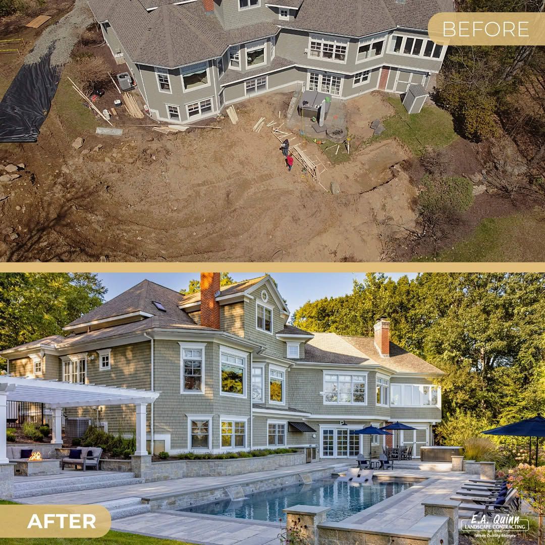 Before and after view of a house. Top: unfinished landscaping. Bottom: landscaped backyard with a pool.
