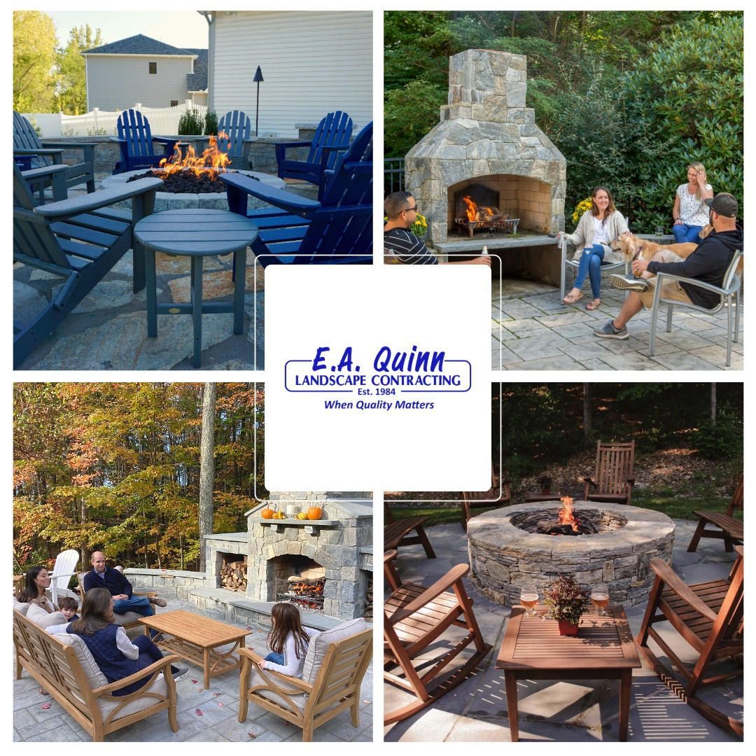 Collage showcasing outdoor living spaces with fireplaces and seating by E.A. Quinn
