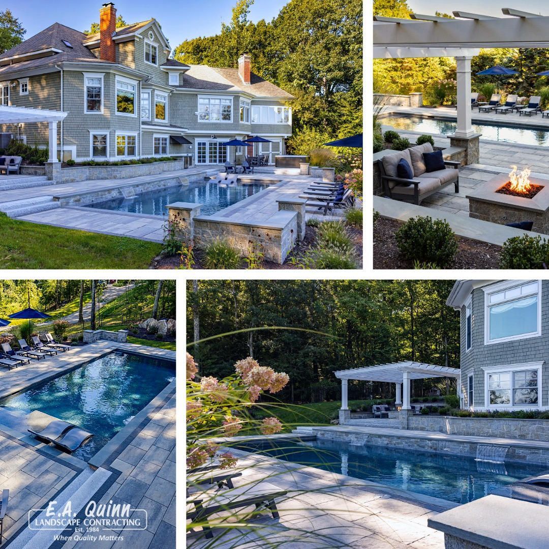 Composite of a luxury home with pool, patio, and pergola, in a wooded outdoor setting.