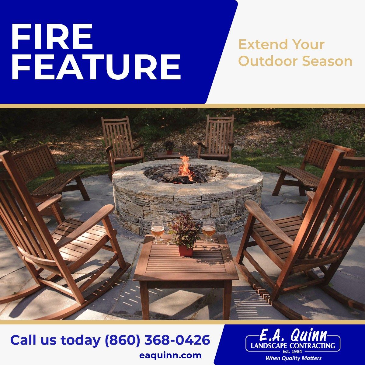 A backyard scene with a fire pit surrounded by wooden rocking chairs. Ad promotes outdoor living.
