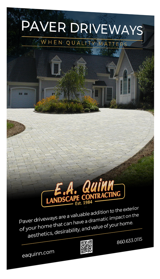 Advertisement for paver driveways featuring a house with a paver driveway, black and gold color scheme.