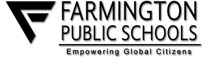 Black logo for Farmington Public Schools, with a stylized
