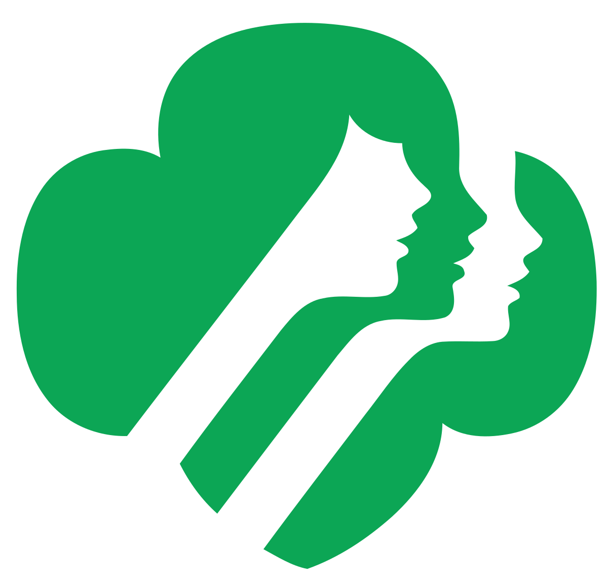 Green Girl Scout logo with three white profiles, resembling faces and arms.