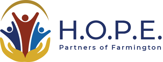 Logo: Three figures with raised arms, in hands, with 