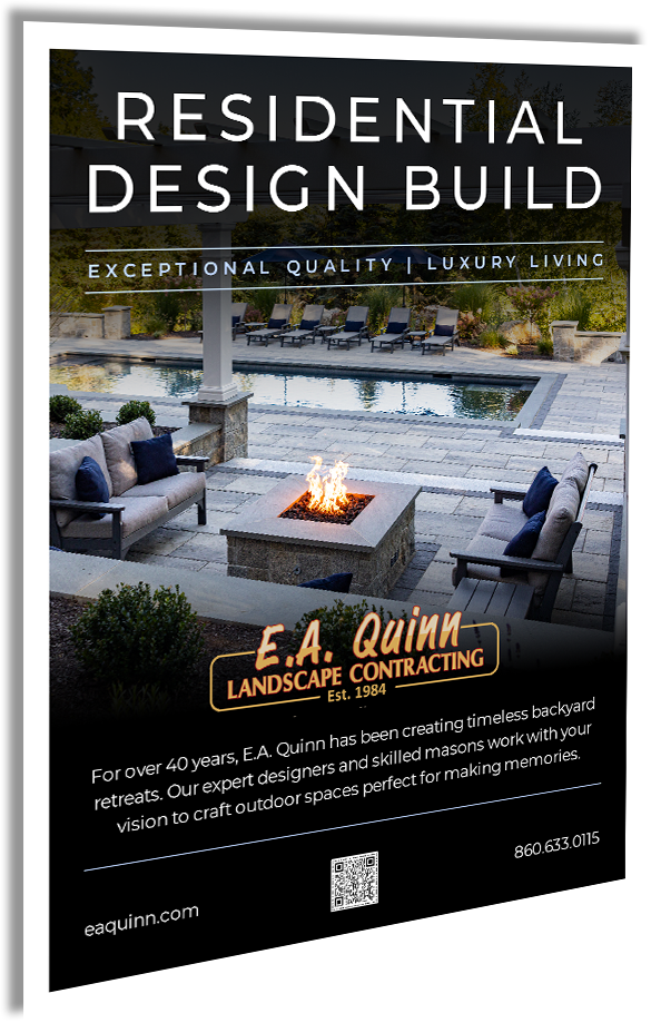 Residential design build ad with outdoor living space, fire pit, and pool.