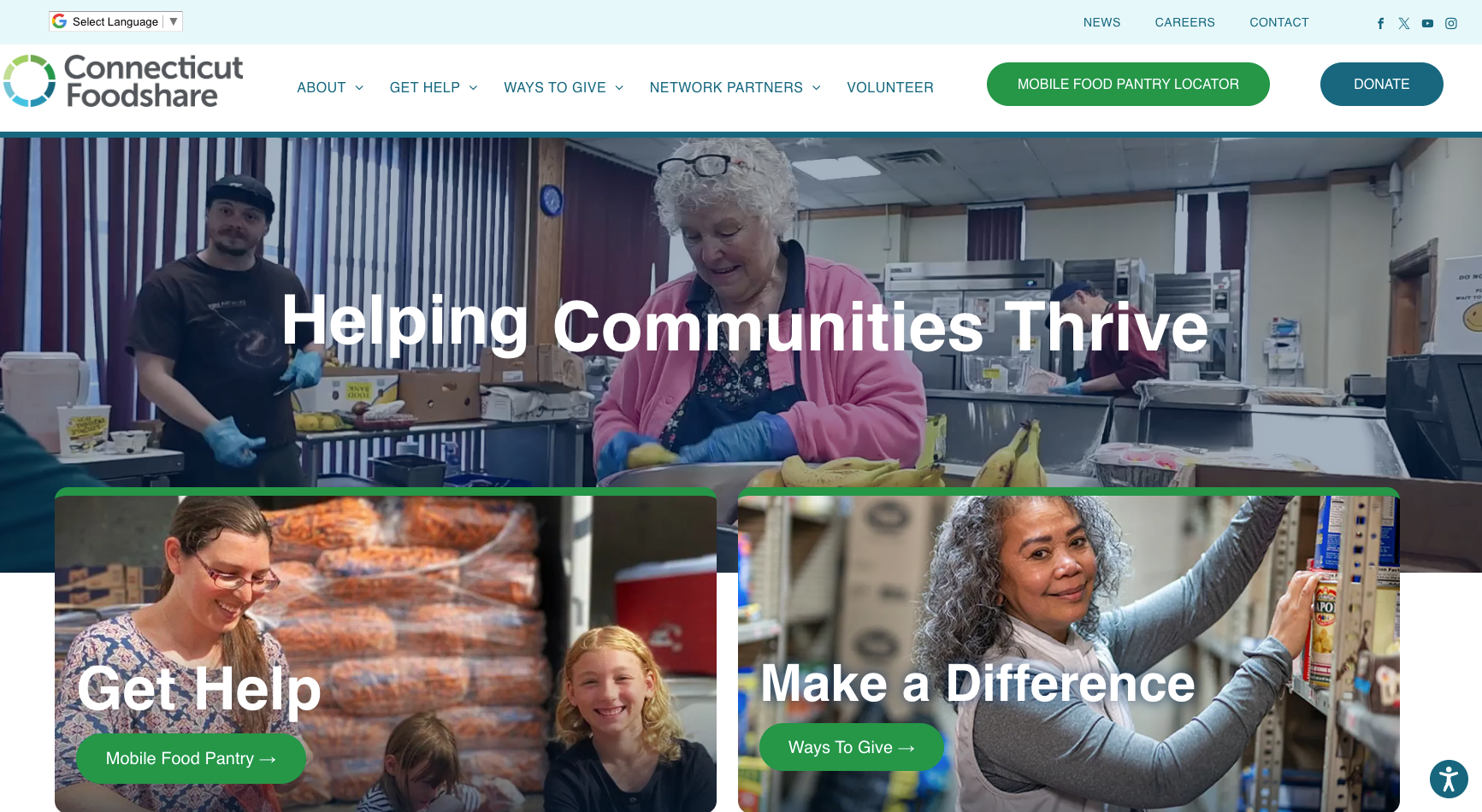 Connecticut Foodshare website, volunteers preparing food. People sorting, packing, and stocking items. Green and white accents.