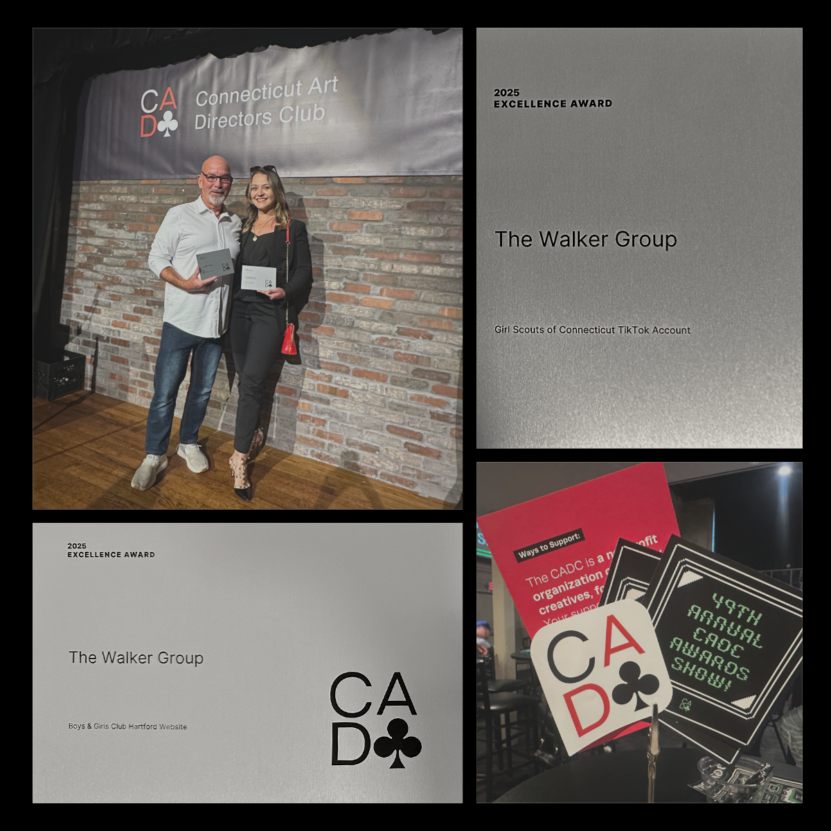 Two people holding awards near a banner. Additional images include a document and promotional items with the letters CADC