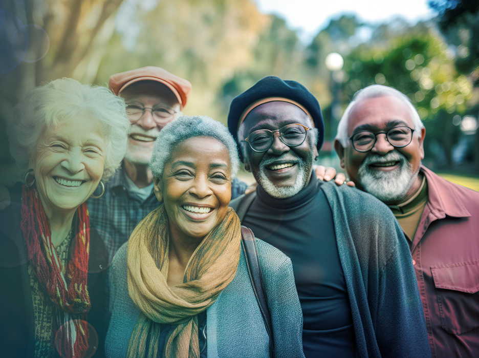 Group of smiling people in an outdoor setting. They appear happy and are looking at the camera.