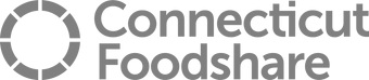 Connecticut Foodshare logo: Gray circle with segmented spokes to the left of gray text.