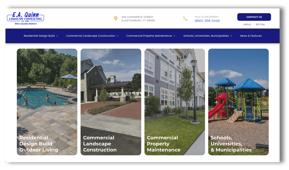 Website homepage showcasing outdoor living, landscape construction, property maintenance, and playgrounds.