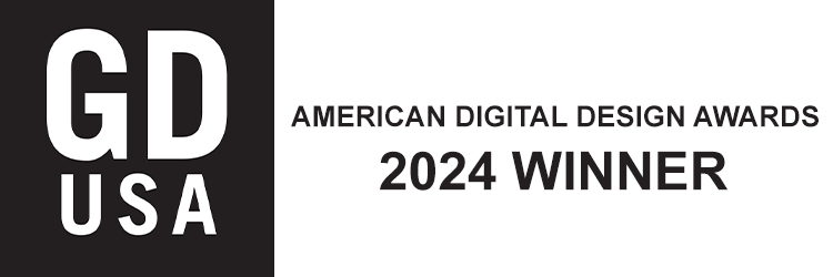 GD USA American Digital Design Awards 2024 Winner logo. Black square with white letters on the left, text on the right.