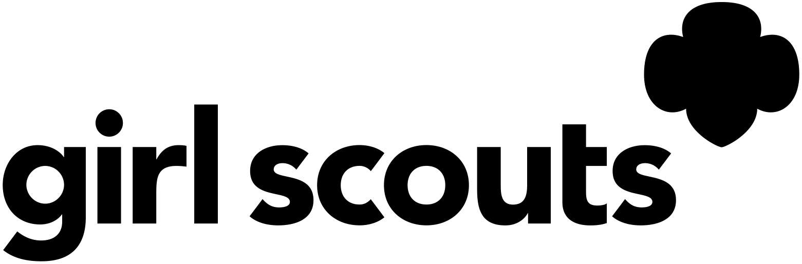 Girl Scouts logo: black text and trefoil emblem.