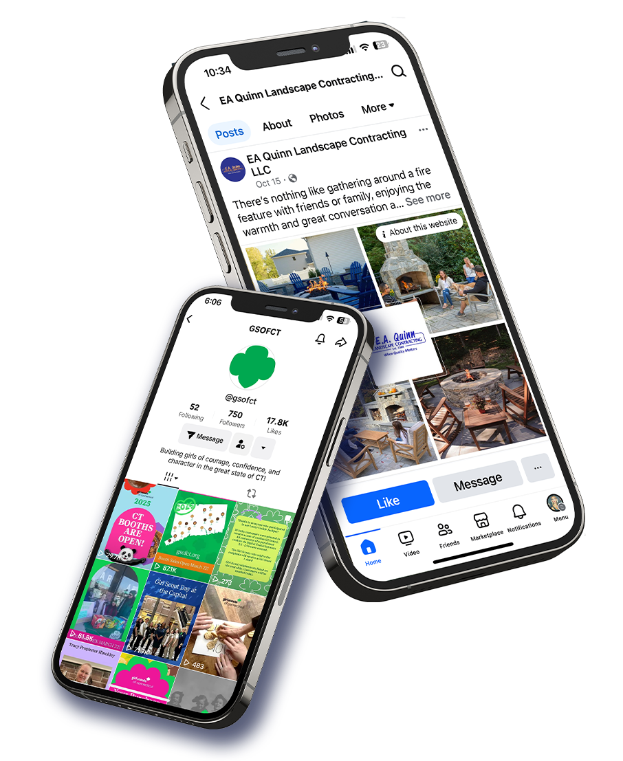 Two smartphones displaying social media content for GSOFCT and EAQ. 
