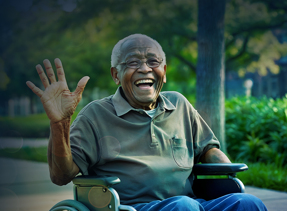man waving in wheelchair 
