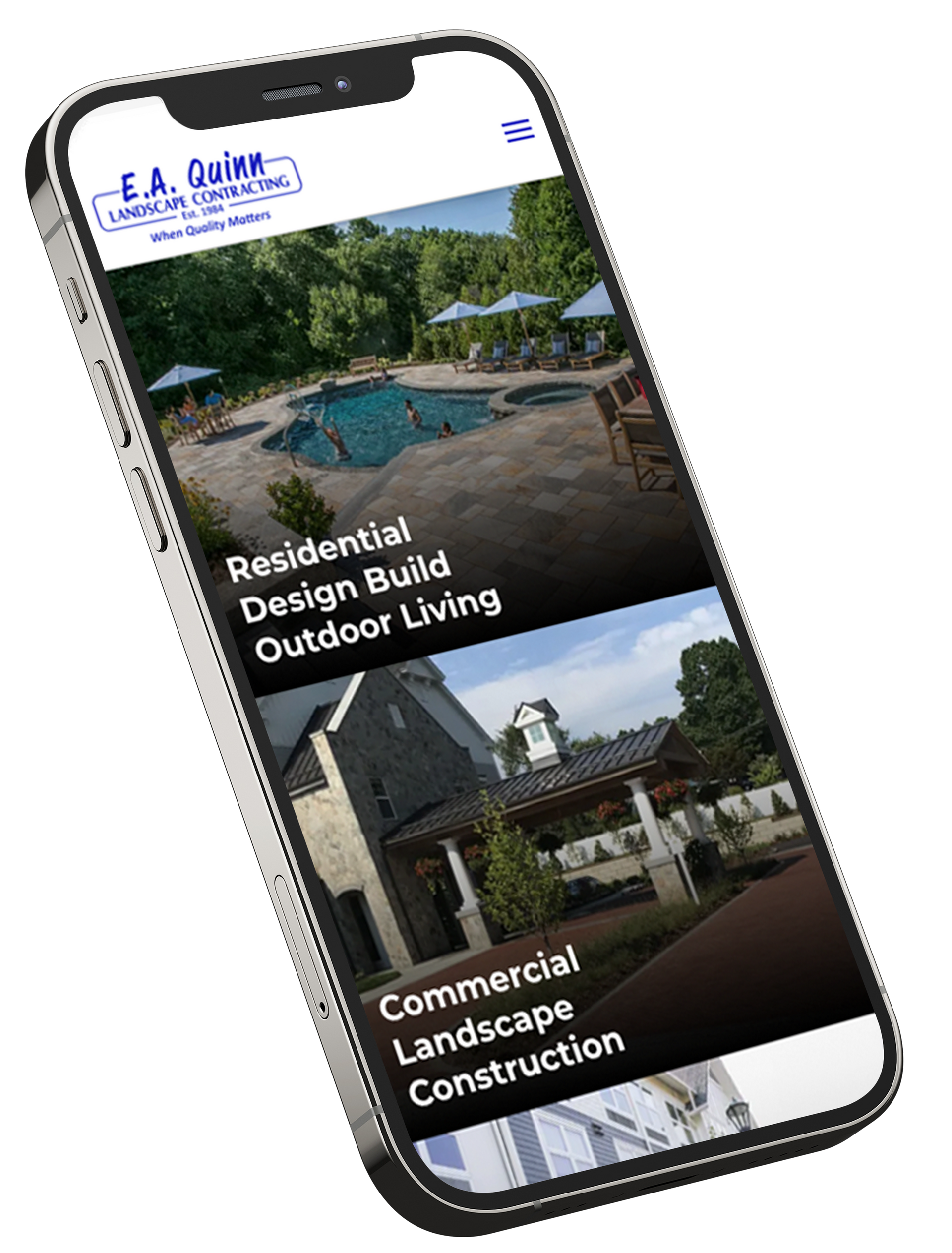 Smartphone showcasing a website with landscape design services. Pool and outdoor living spaces are featured.