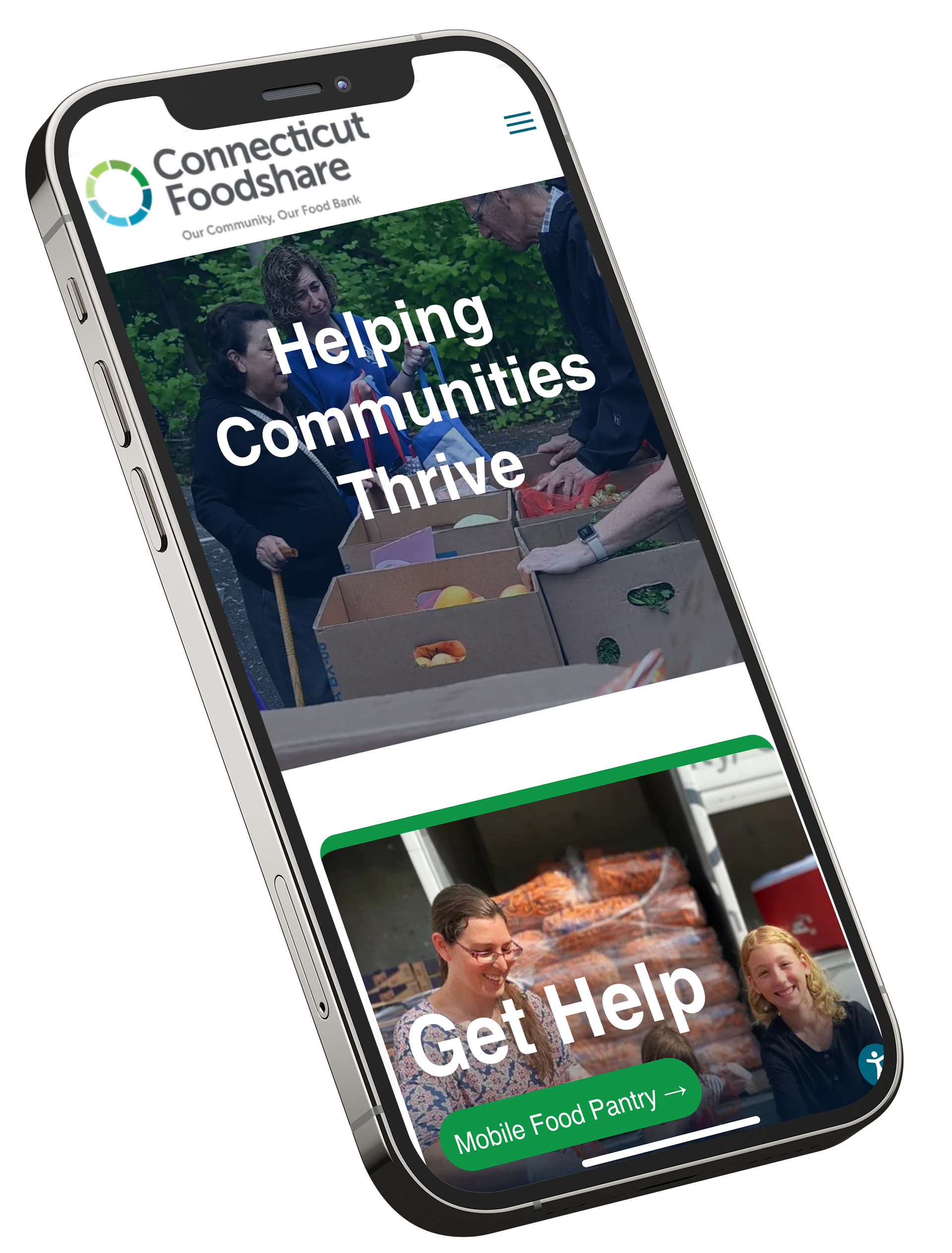 Mobile phone displaying the Connecticut Foodshare website; people volunteering, offering aid.