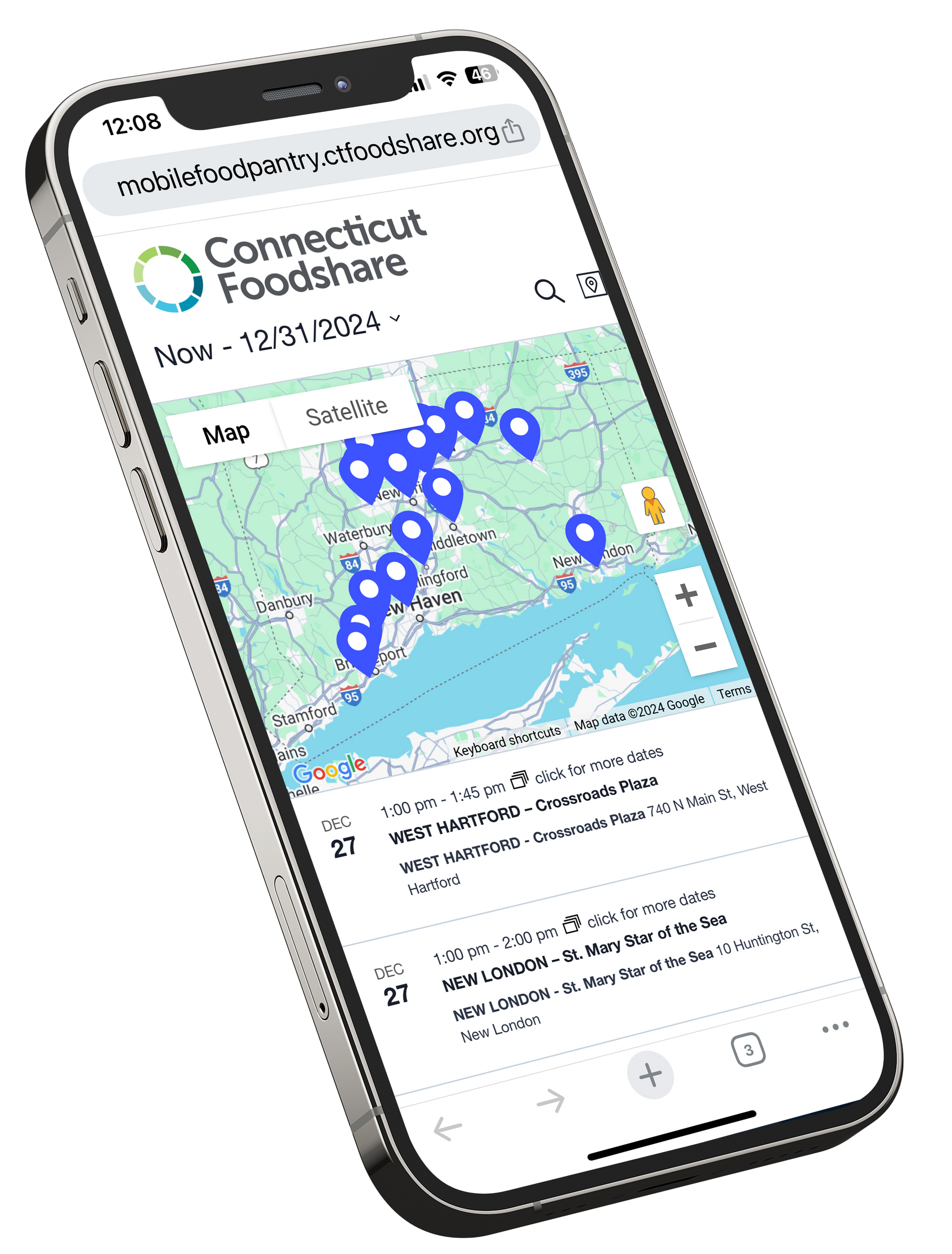 Smartphone app showing a map of Connecticut with blue location markers for food banks.