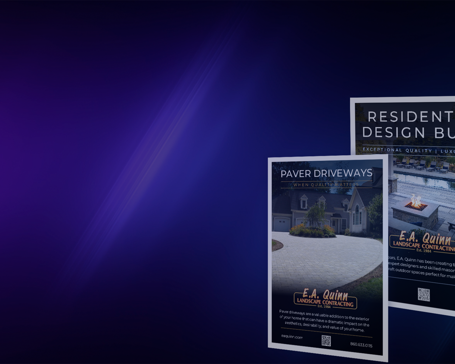 Posters showcasing residential design and build services, against a dark blue gradient background.