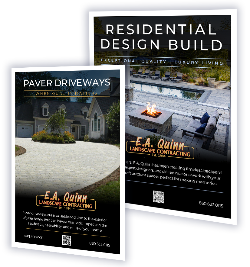 Two landscape design flyers; one for paver driveways, the other for residential design.