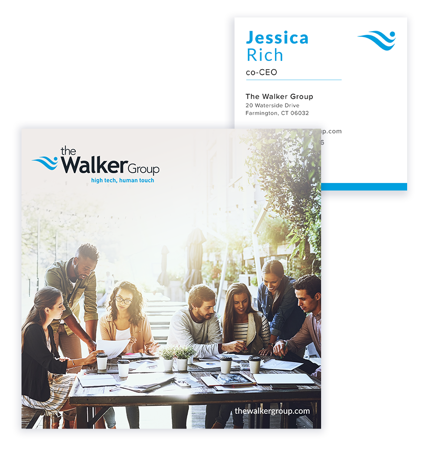 Group meeting around a table, Walker Group logo, Jessica Rich business card.