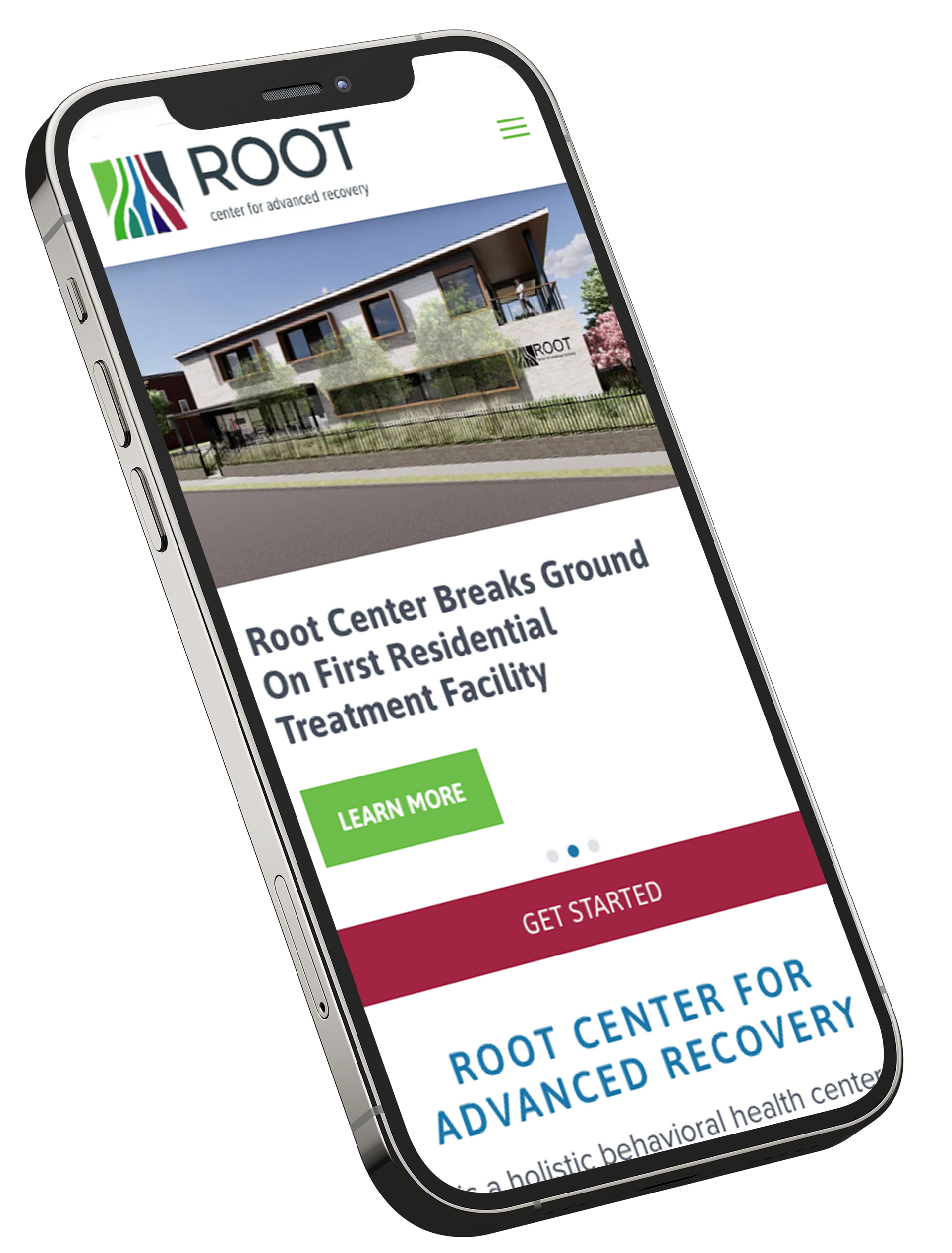 Mobile phone displaying the Root Center website, promoting residential treatment facilities.