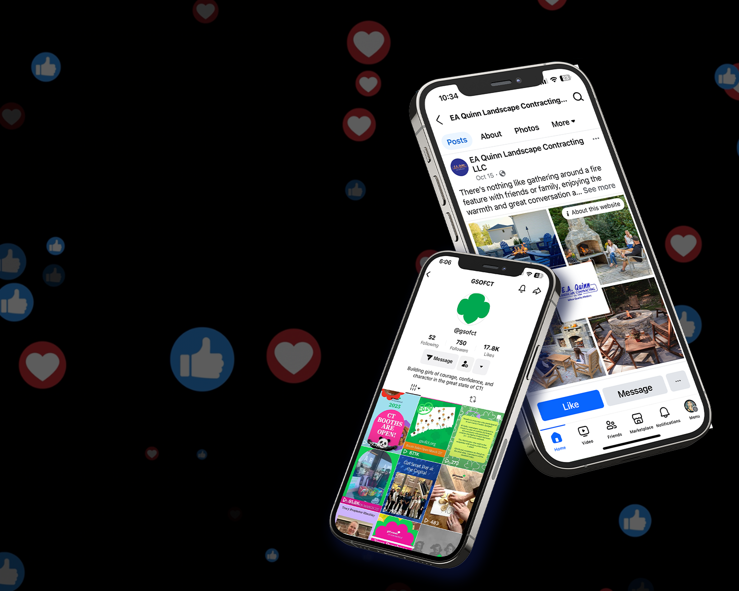 Two smartphones displaying social media content with floating like icons on a black background.