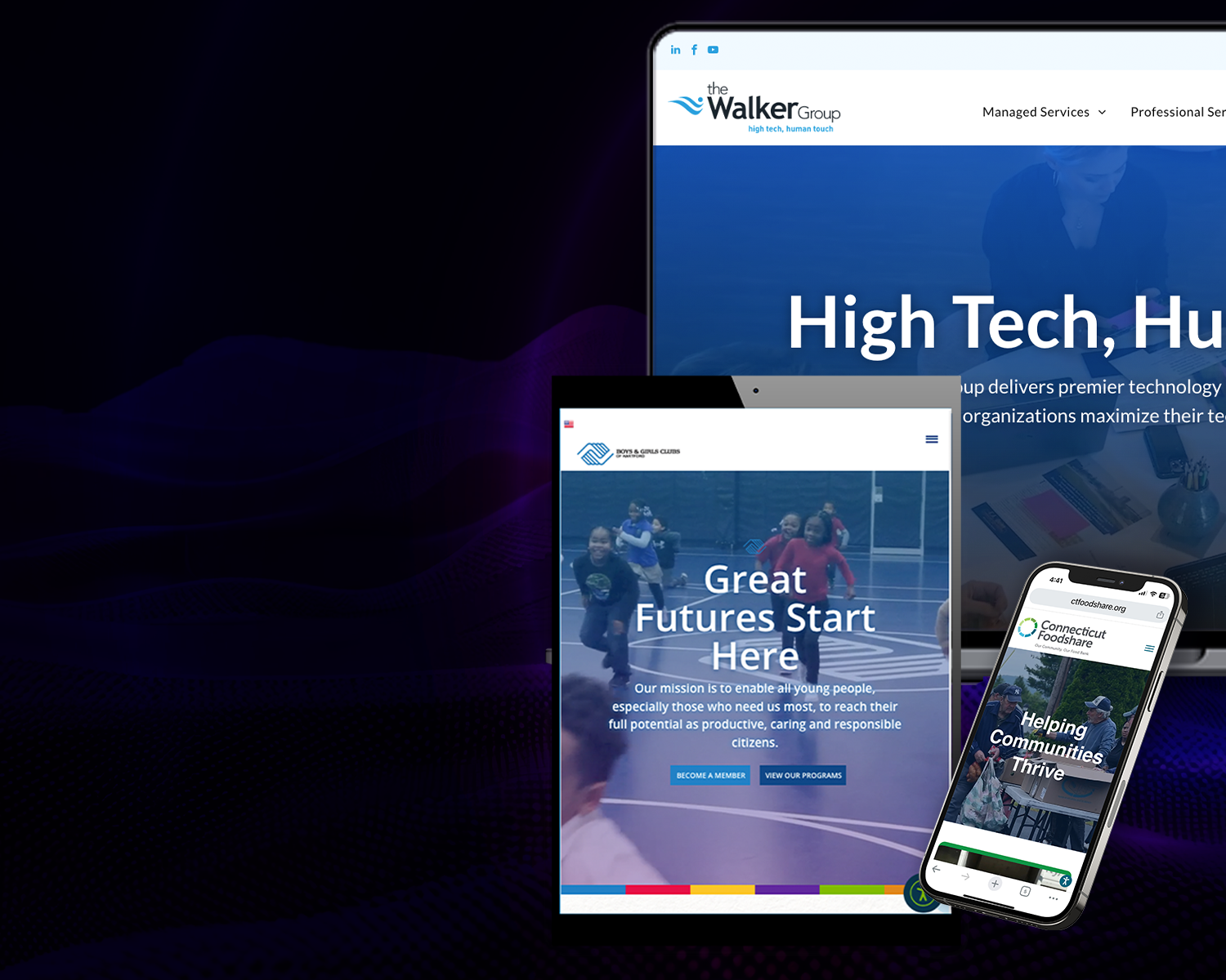 Three electronic devices displaying the Walker College website: laptop, tablet, and smartphone.