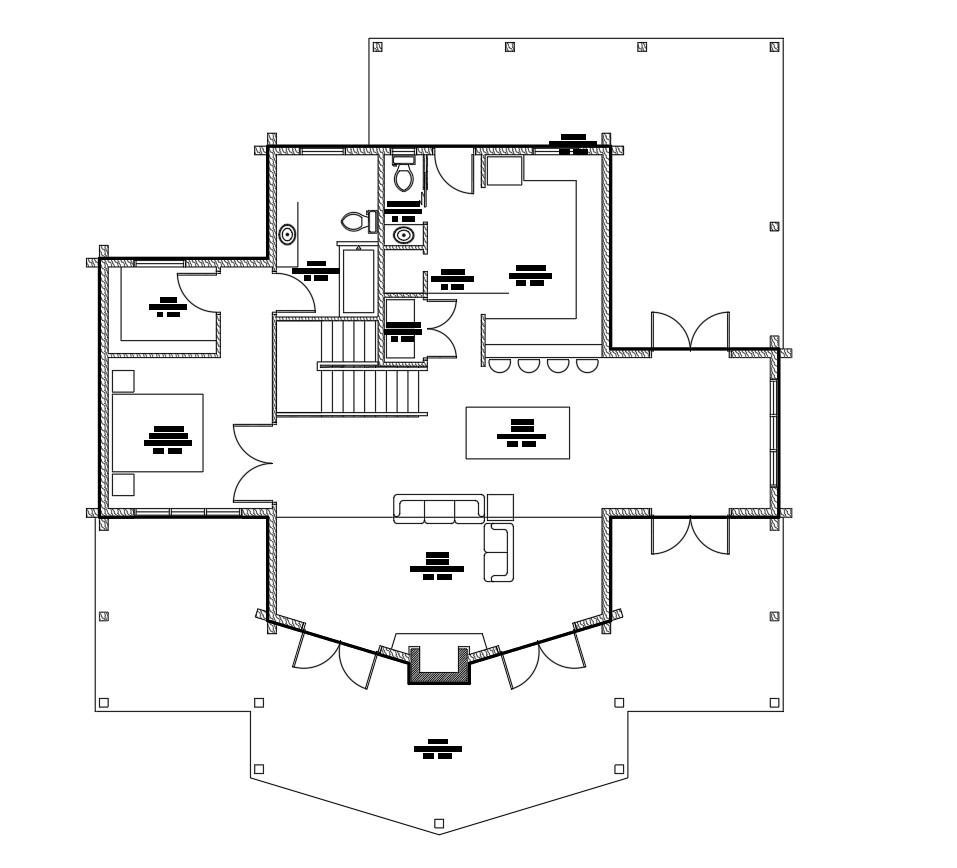 Floor plan of a house with bedrooms, bathrooms, kitchen, and living area; includes stairs and a deck.