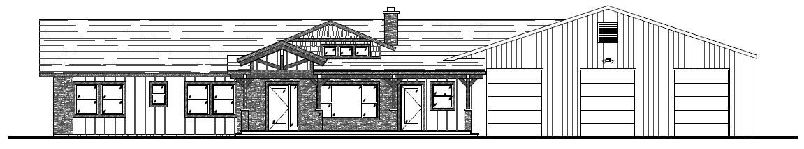 Architectural drawing of a house with a stone facade, windows, and gabled roof.
