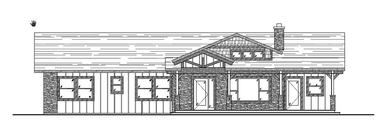 Elevation drawing of a house with stone accents, windows, and a chimney.