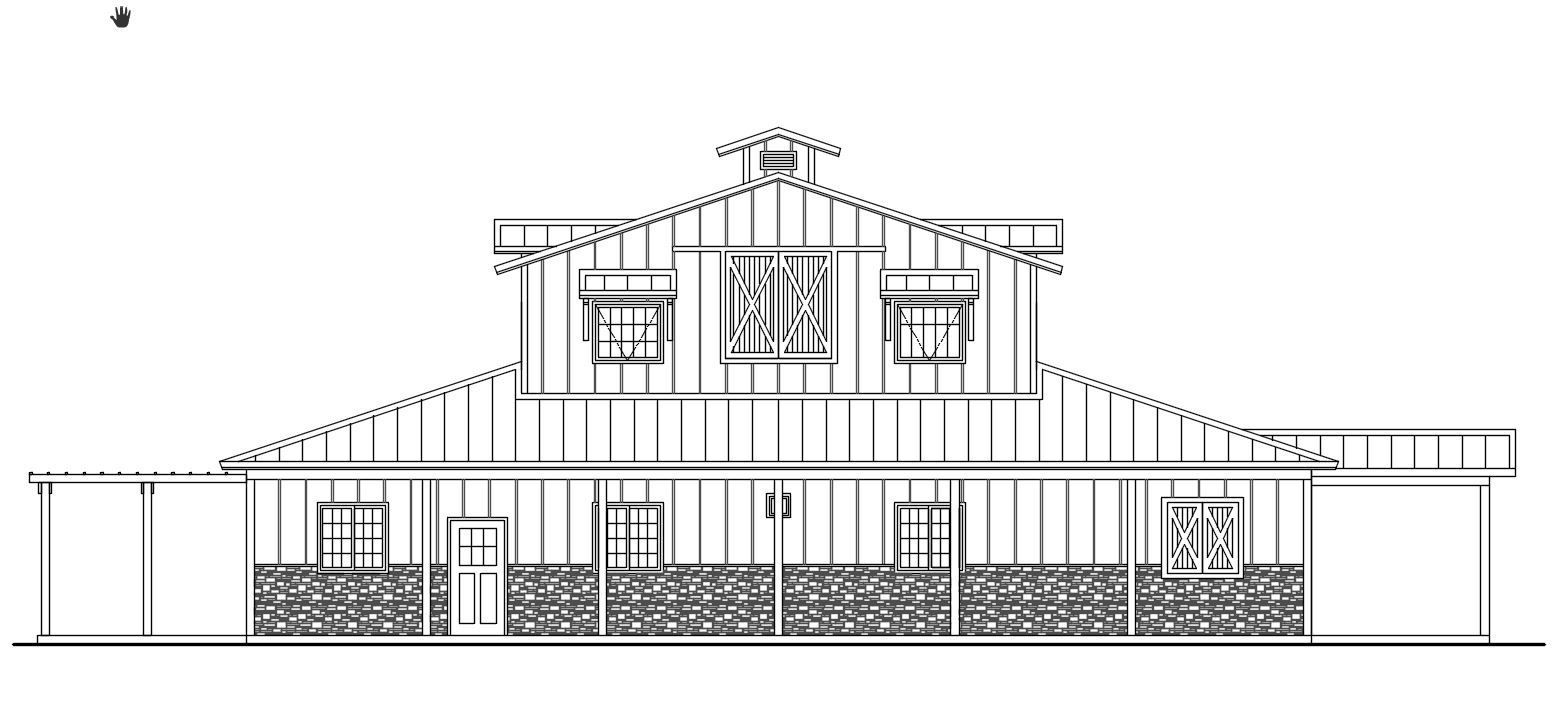 Architectural drawing of a house with stone base, gable roof, and small second story.