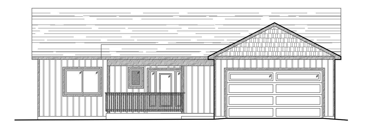 Black and white architectural drawing of a small house with a garage.