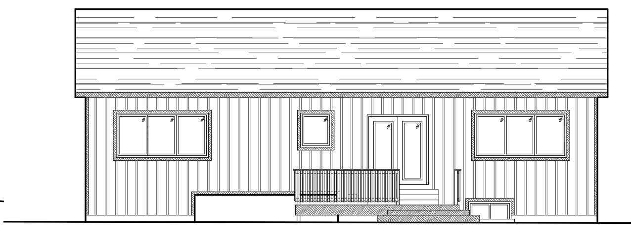 Architectural elevation of a simple building with vertical siding, multiple windows, a porch, and a sloped roof.