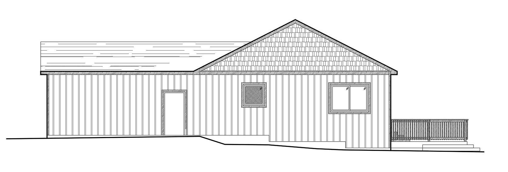 Line drawing of a small building with a gabled roof, a door, a window, and a deck.