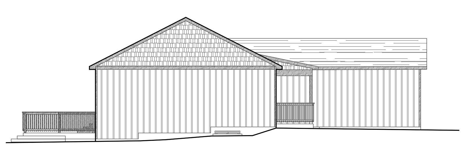 Line drawing of a small building with a thatched roof and a deck.