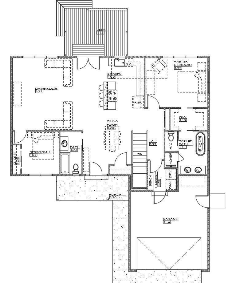 Floor plan of a house with kitchen, living room, bedrooms, bathroom, stairs, and a deck.