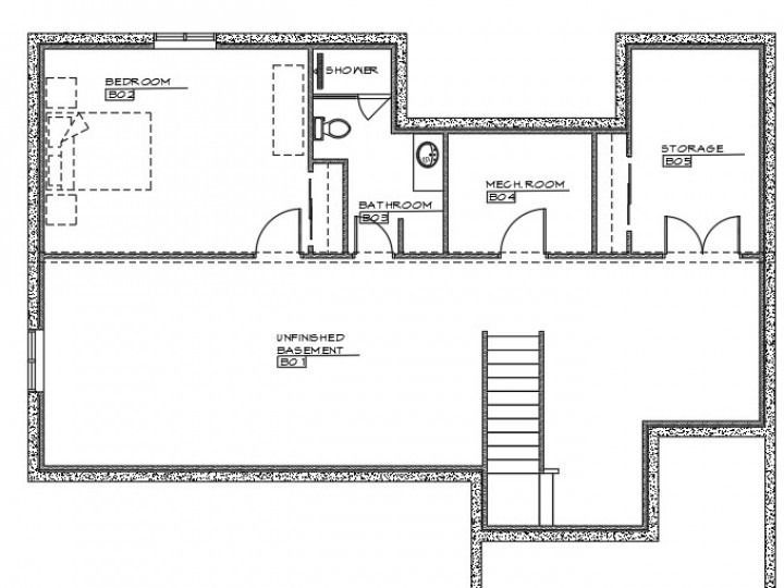 Basement floor plan with finished rooms: bedroom, bathroom, utility/rec room, and storage,