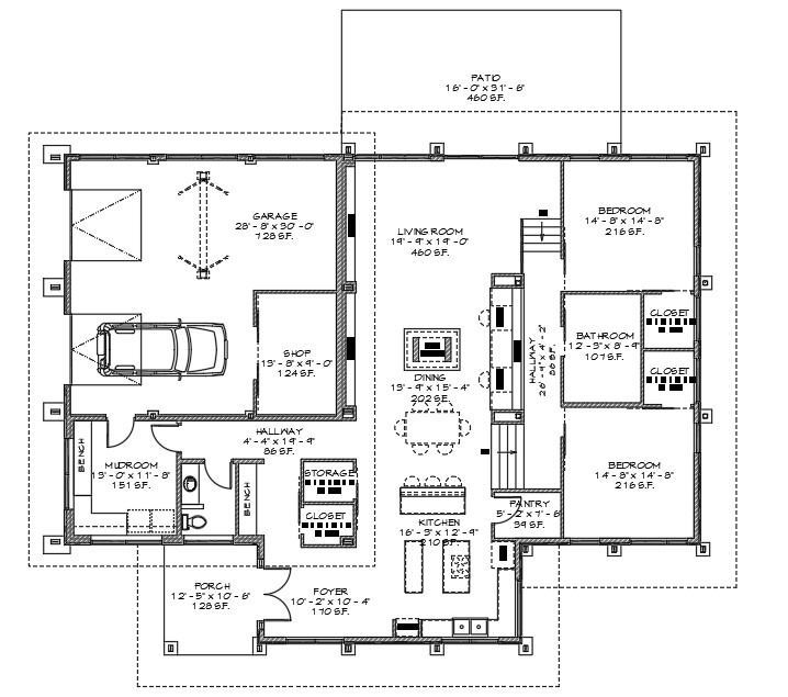 Floor plan of a house, detailing rooms such as garage, kitchen, bedrooms, and patio.