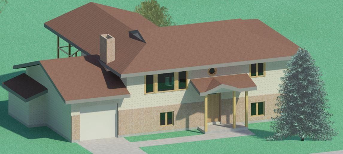 A two-story house with a brown roof and beige siding sits on green grass. There's a garage and a tree on the side.