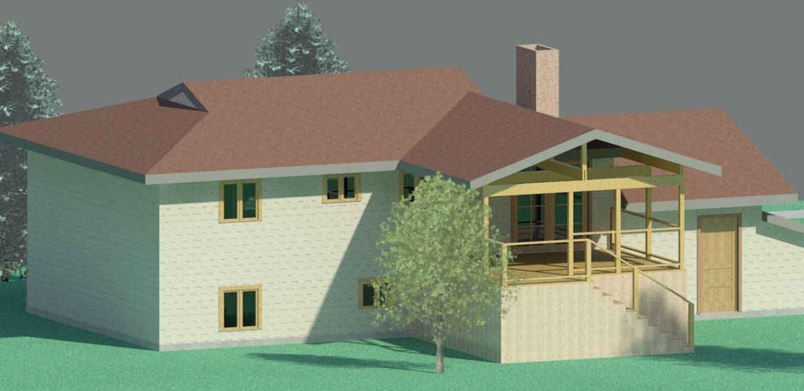 A rendered house with a brown roof and a porch, set in a green yard with trees.