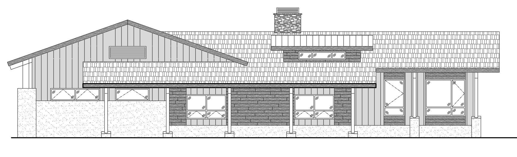 Architectural drawing of a house with a gabled roof and a balcony with a decorative railing.
