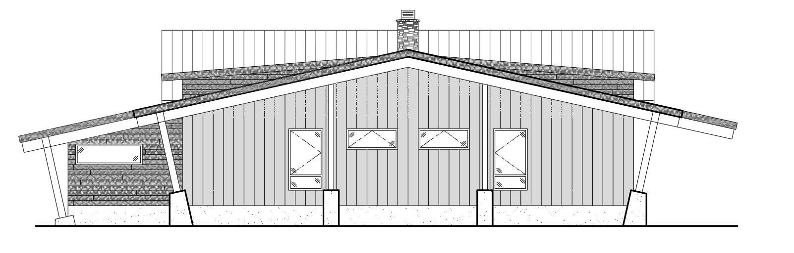 Architectural rendering of a gable-roofed building, featuring a sloped roof and several windows.