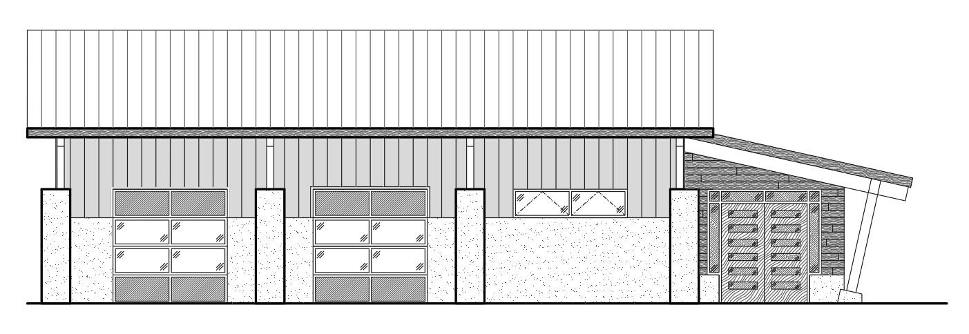 Architectural elevation of a building with open windows and a sloped roof.