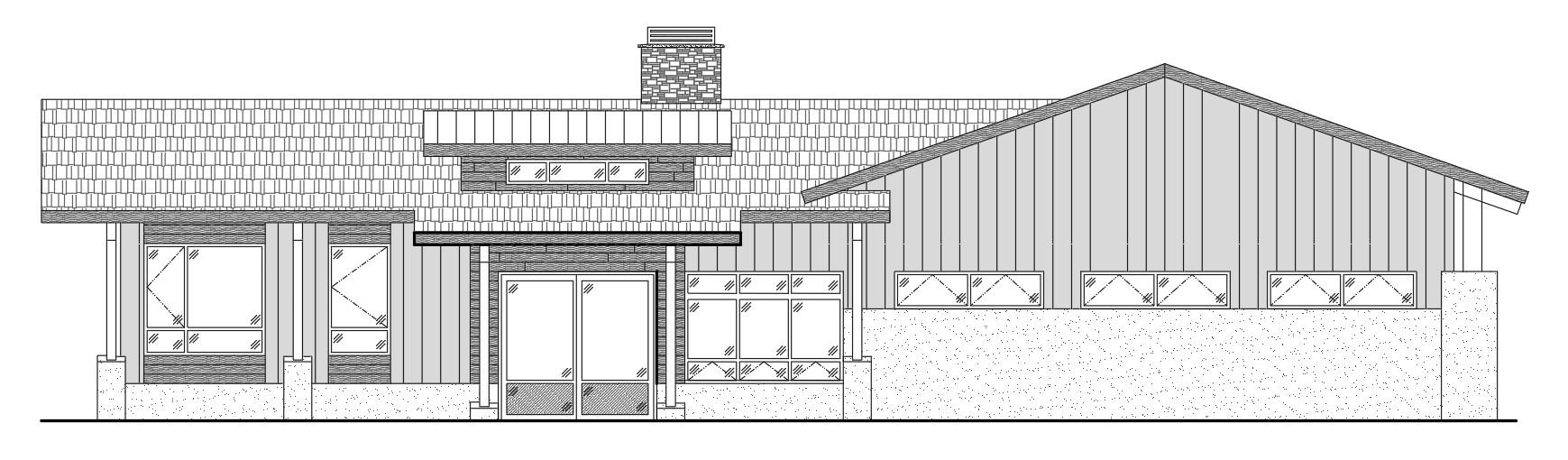 Architectural elevation of a building with a low roof, windows, and chimney.