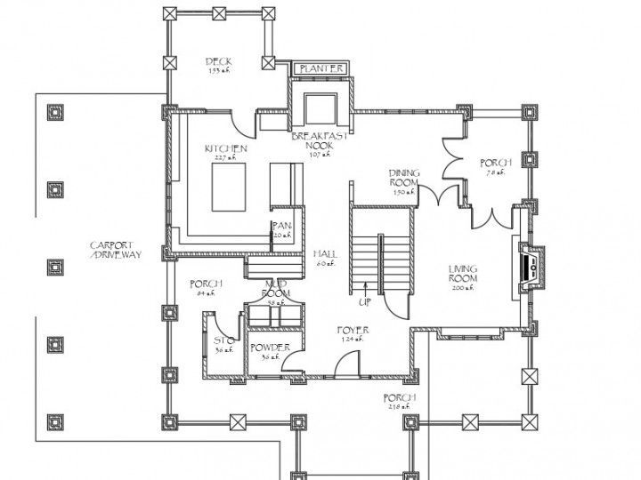 Architectural floor plan of a house with labels for rooms like kitchen, dining room, and office.