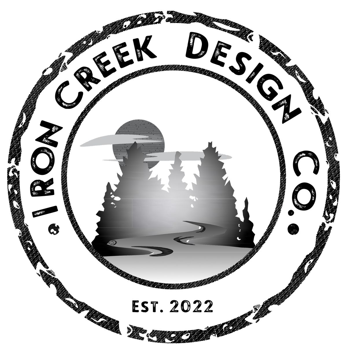 Iron Creek Design Co. logo: a circular stamp with a forest scene, a moon, and text . "Est. 2022" at the bottom.