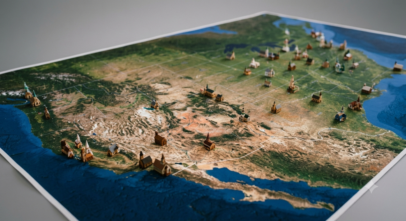 3D map of a coastal landscape with buildings, roads, and terrain across a peninsula