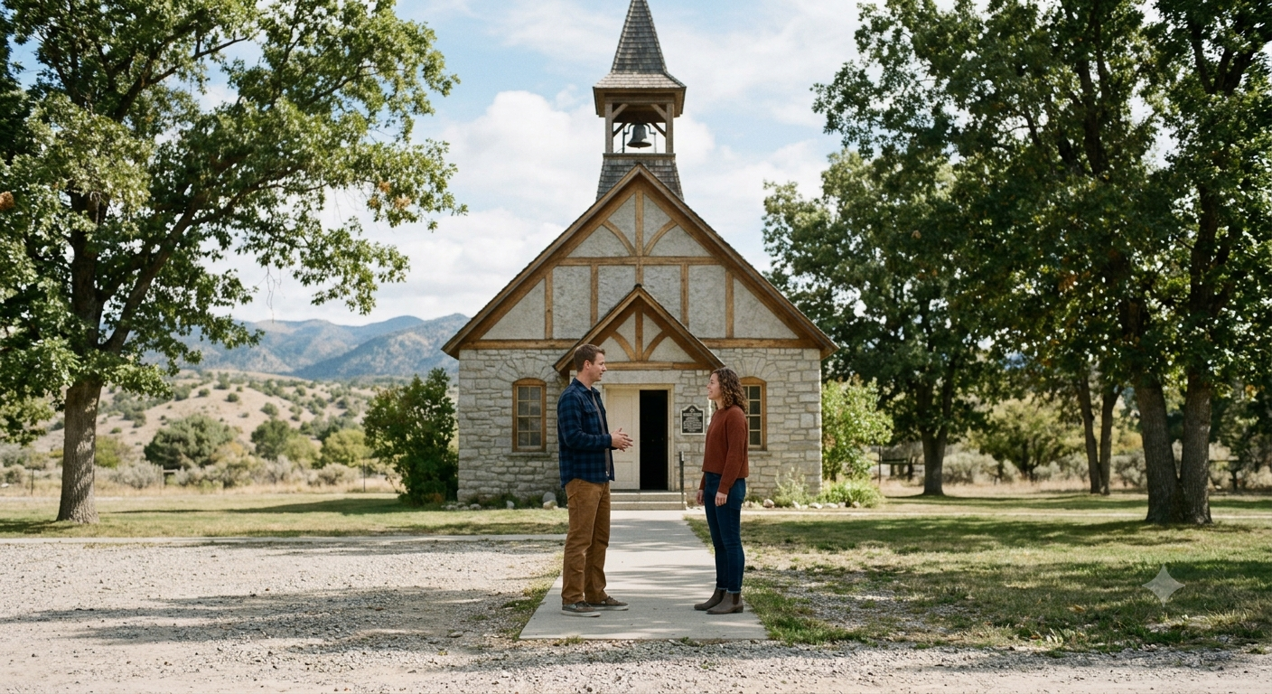 Two people stand before a small chapel with a steeple on a sunny, tree-lined gravel path.