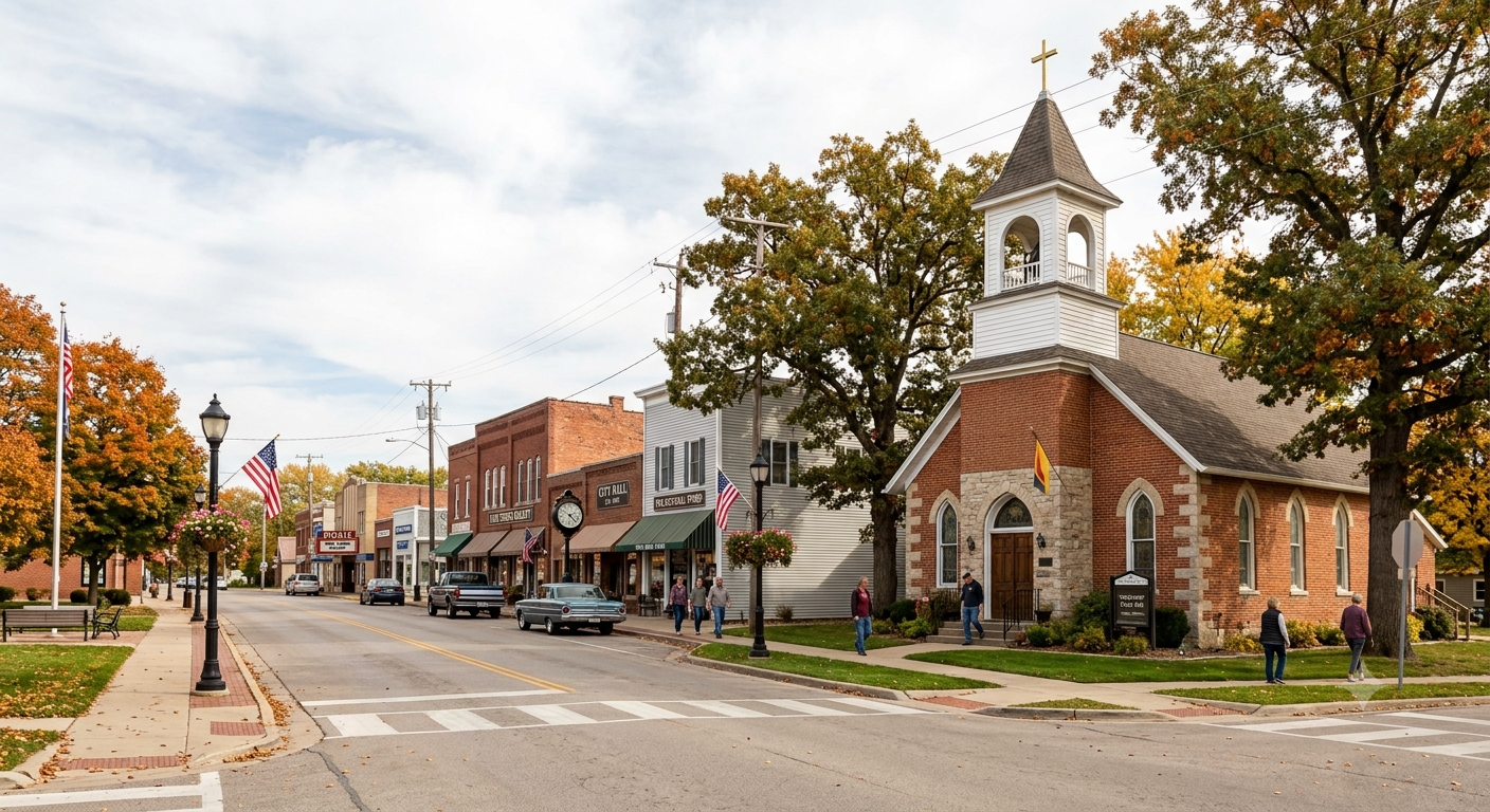 Small-town street with brick shops and a church under autumn trees