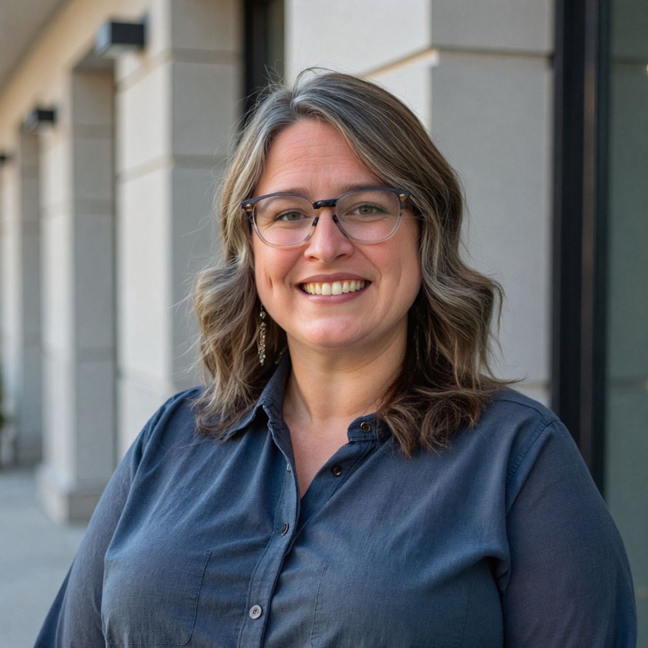 Smiling person in glasses wearing a navy shirt, standing outdoors by a building.